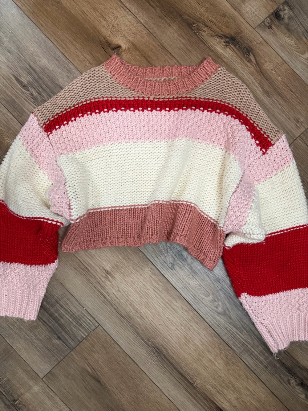 Altar'd State Pink, Red & Cream Striped Cropped Sweater
